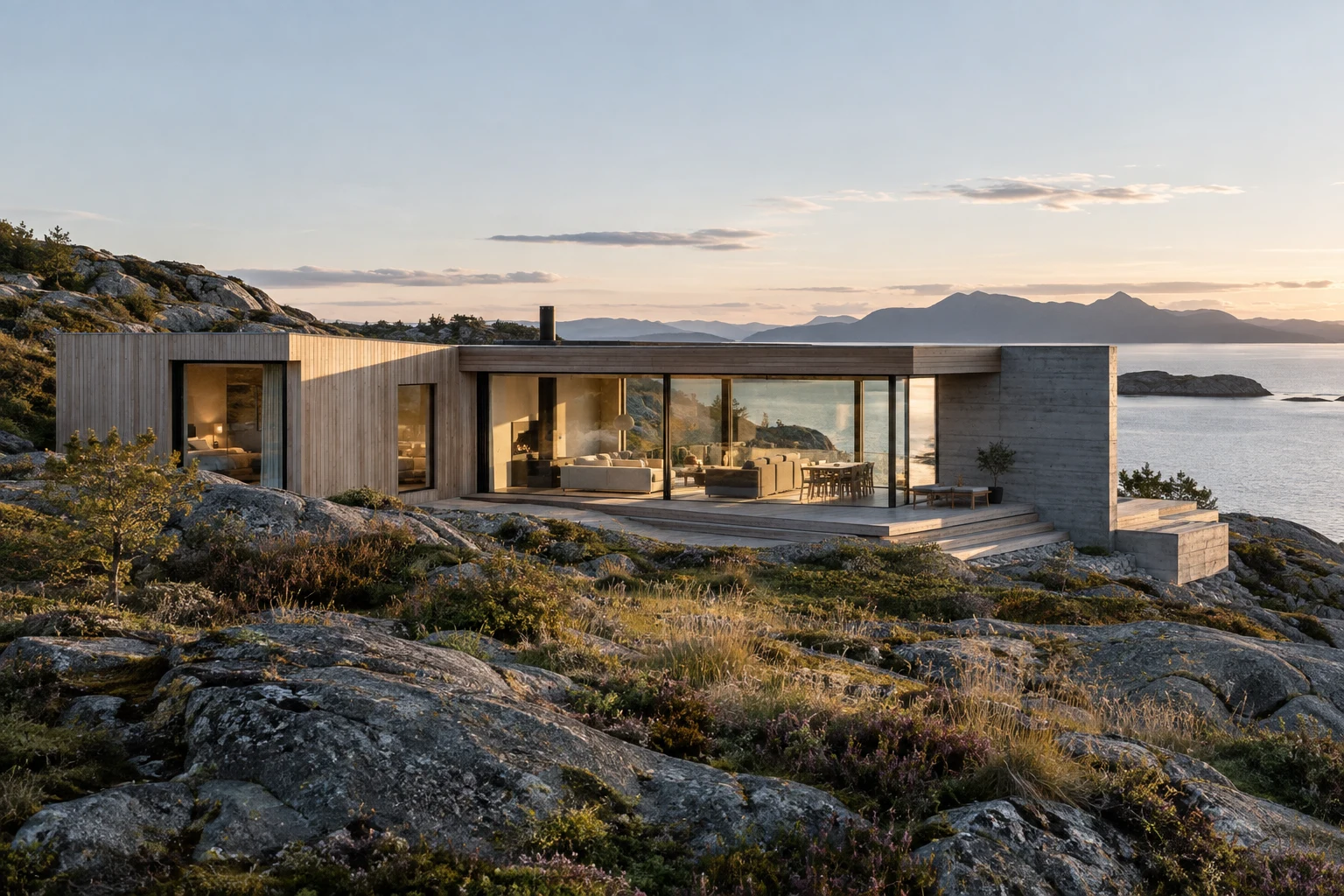 Arkitekttegnet hus i eik og betong ved den norske kysten